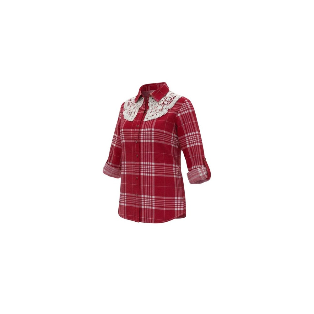 rue21 Plaid Button Up Shirt Womens M Red Crochet Lace Back Long Sleeve